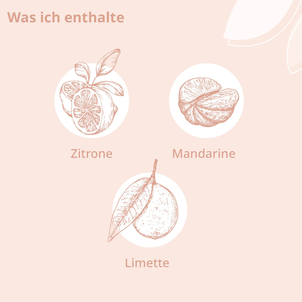 Darstellung der Inhaltsstoffe: Zitrone, Mandarine und Limette
