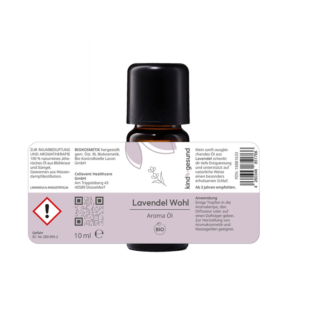 Braunglasflasche mit Darstellung des ausgebreiteten Etiketts des Lavendel Wohl Aroma Öl im Aromacare Aroma Öl Sparpaket
