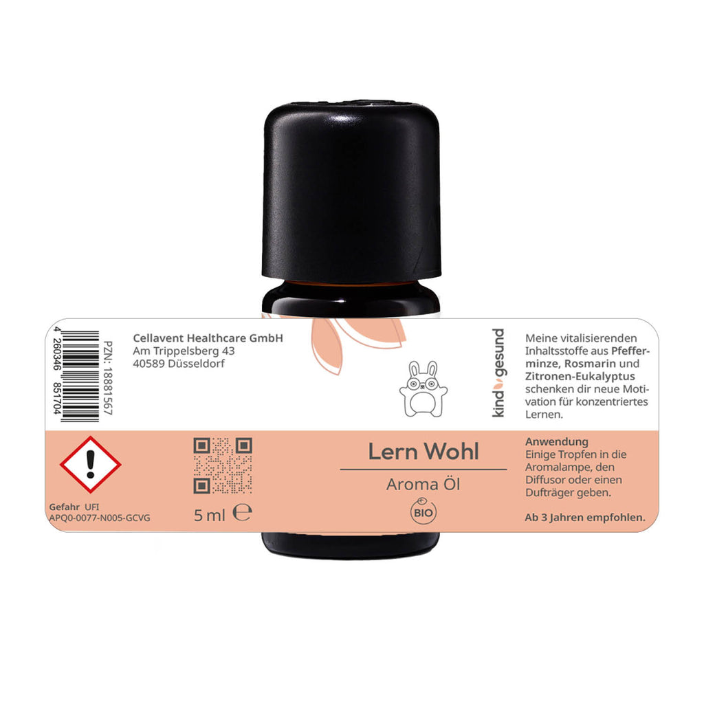 Braunglasflasche mit Darstellung des ausgebreiteten Etiketts des Lern Wohl Aroma Öl 