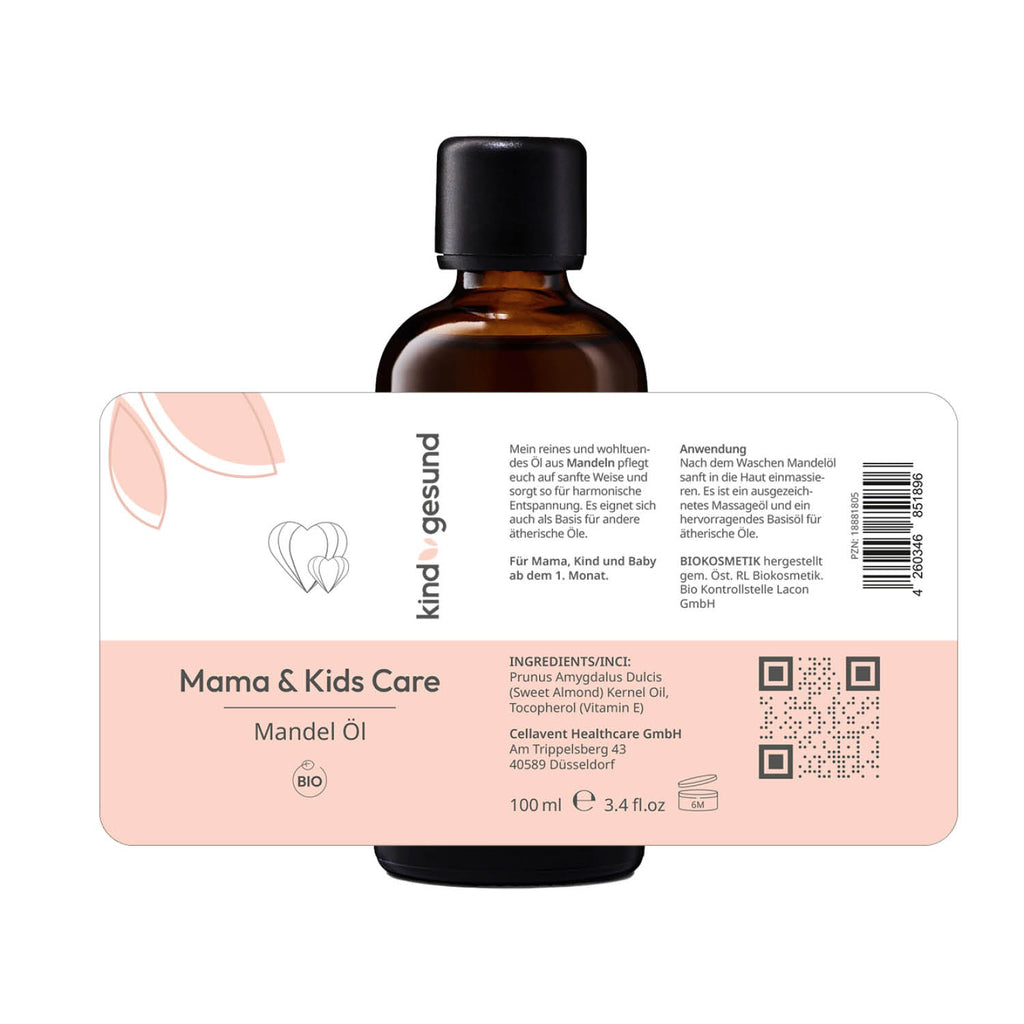 Braunglasflasche mit Darstellung des ausgebreiteten Etiketts des Mandel Öls im Mama Care Sparpaket