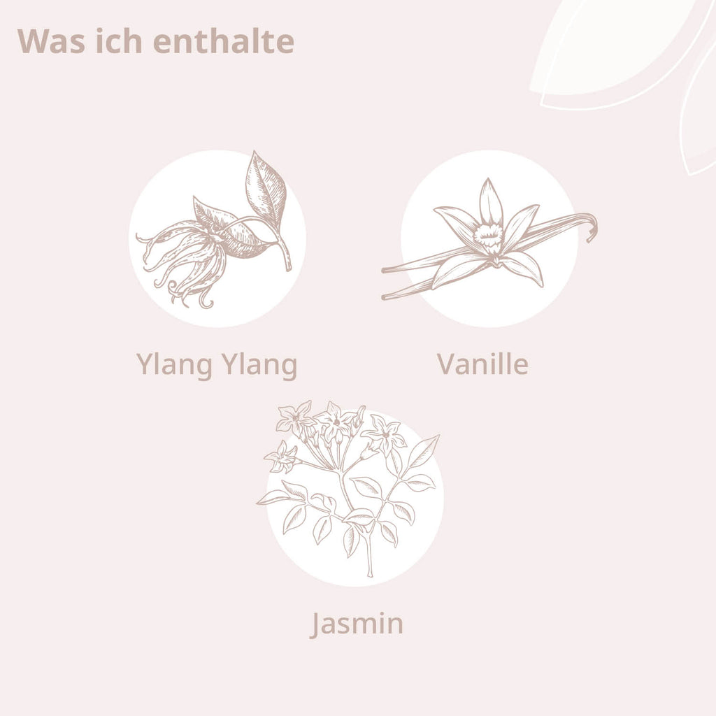 Inhaltsstoffe: Ylang Ylang, Vanille und Jasmin