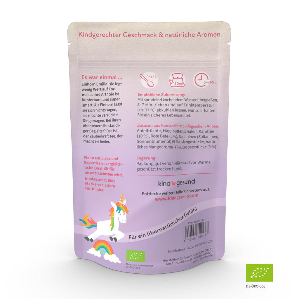 Verpackung mit Darstellung des Etiketts des Bio-Zauberkraft Kindertee