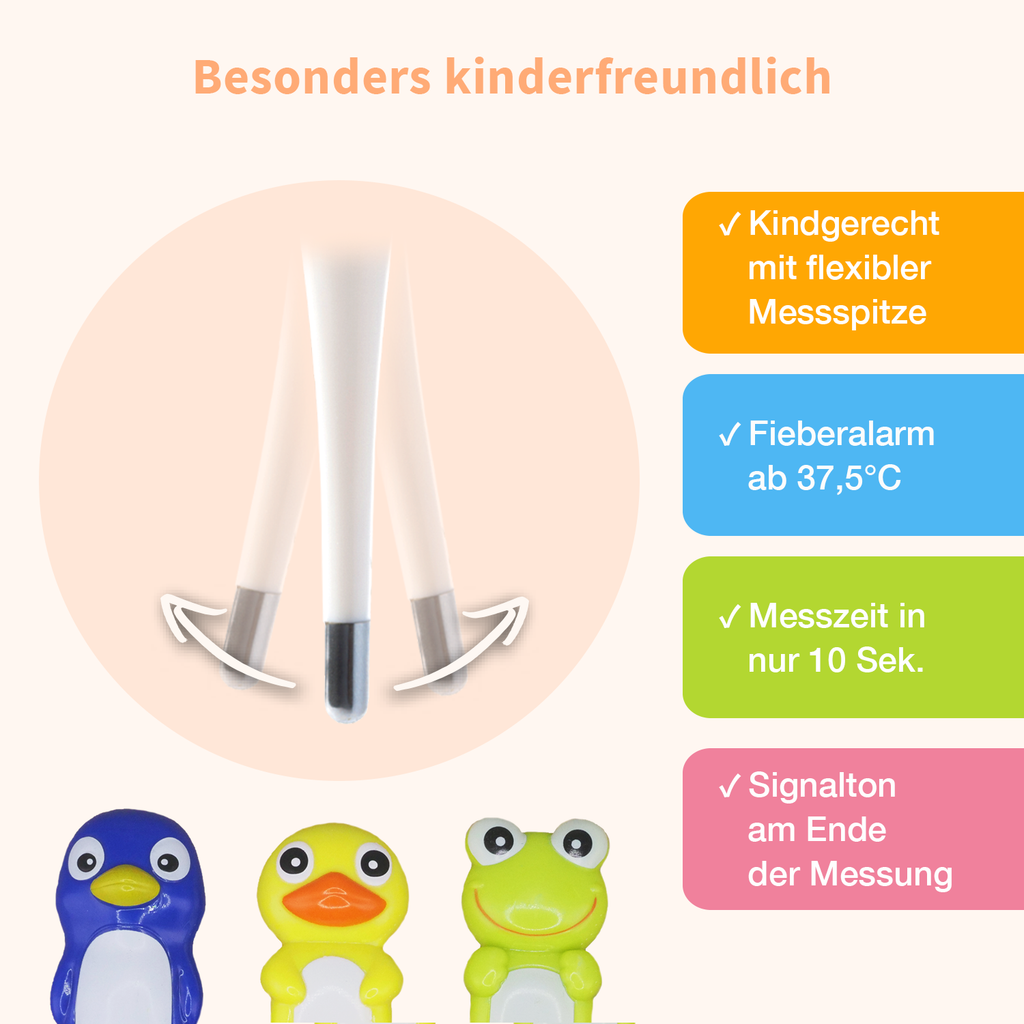 Merkmale Kinderthermometer mit den Motiven Pinguin, Enten, Frosch 