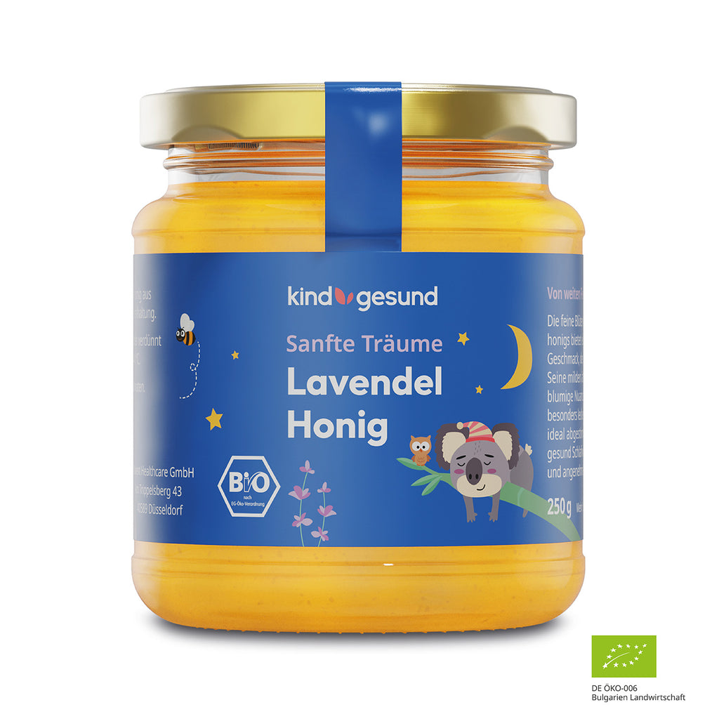 Vorderseite Glas Bio Lavendel Honig von kindgesund