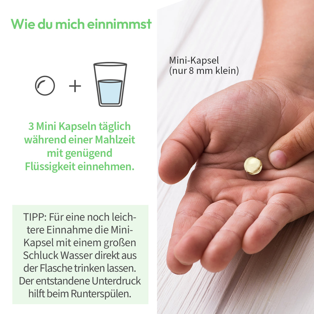 Darstellung Mini Pearls Hand und Anwendung White Omega kids Algenöl von kindgesund