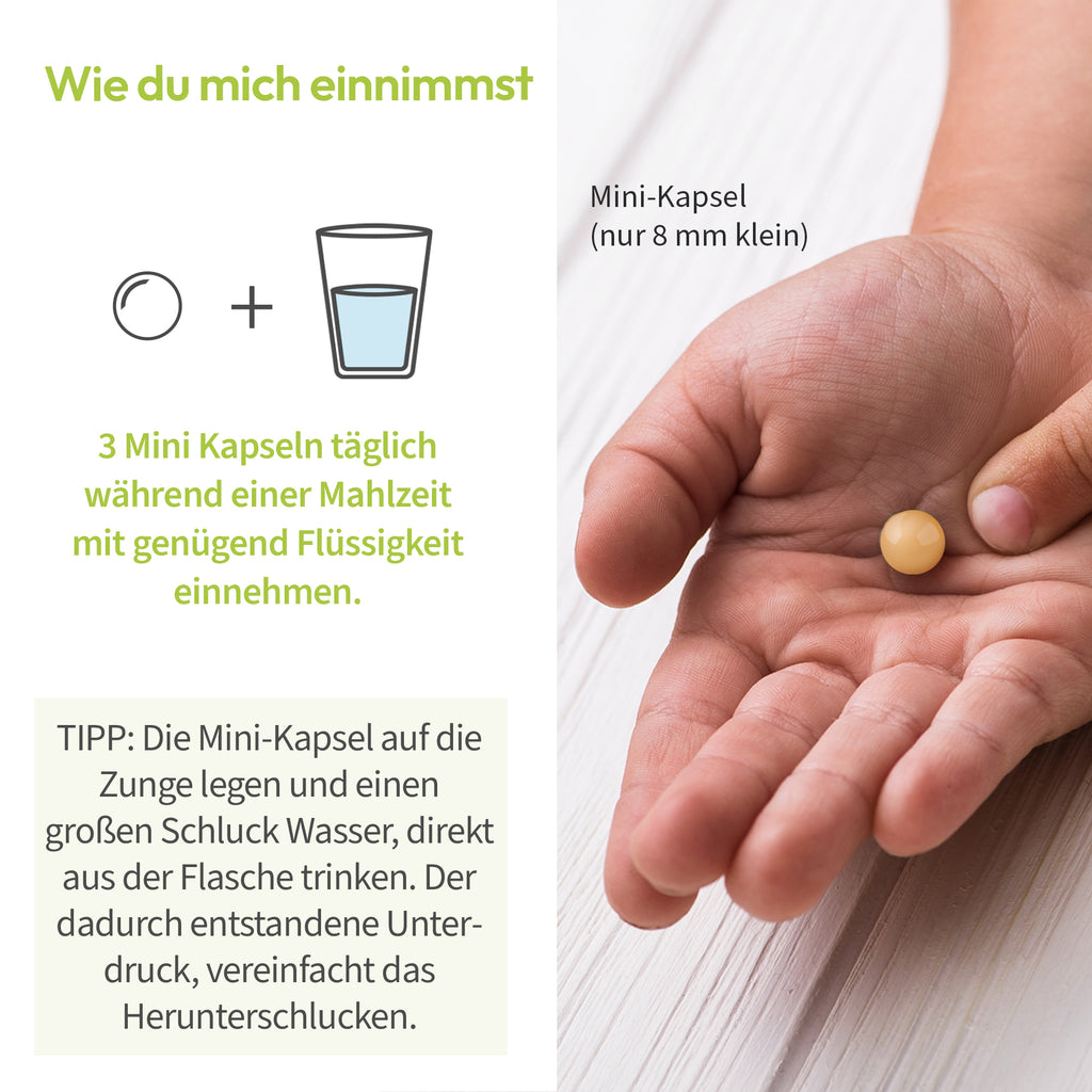 Darstellung Mini Pearls Hand und Anwendung White Omega kids lmmun von kindgesund