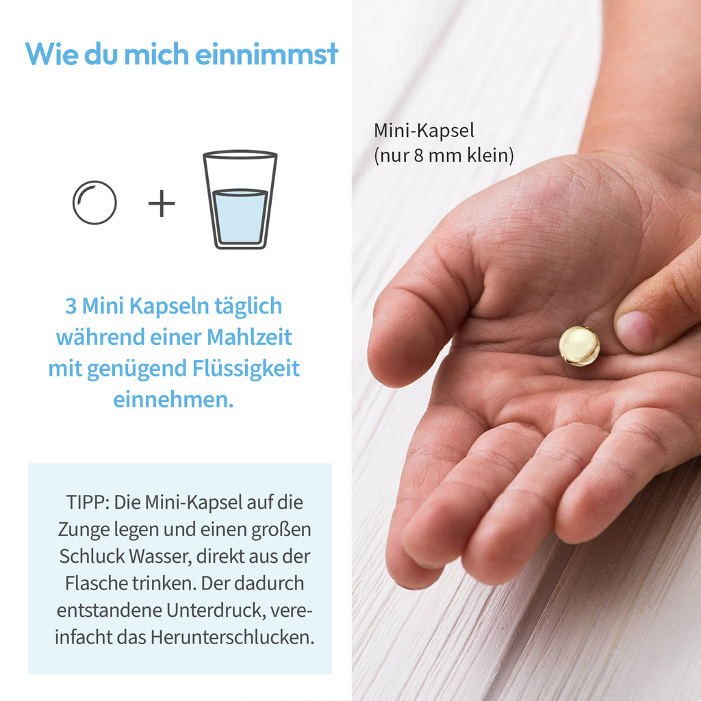 Darstellung Mini Pearls Hand und Anwendung von Omega 3 Fischöl von kindgesund