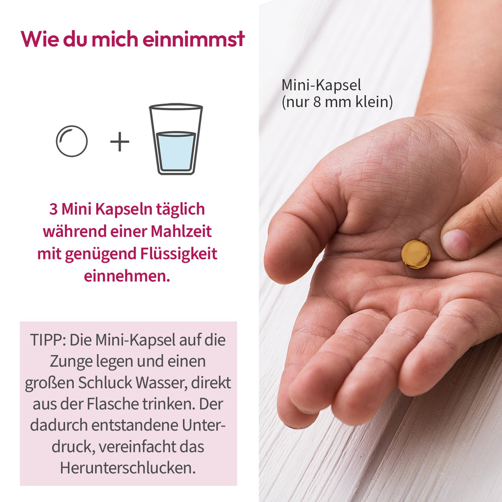 Darstellung Mini Pearls Hand und Anwendung White Omega kids Vitamin C von kindgesund