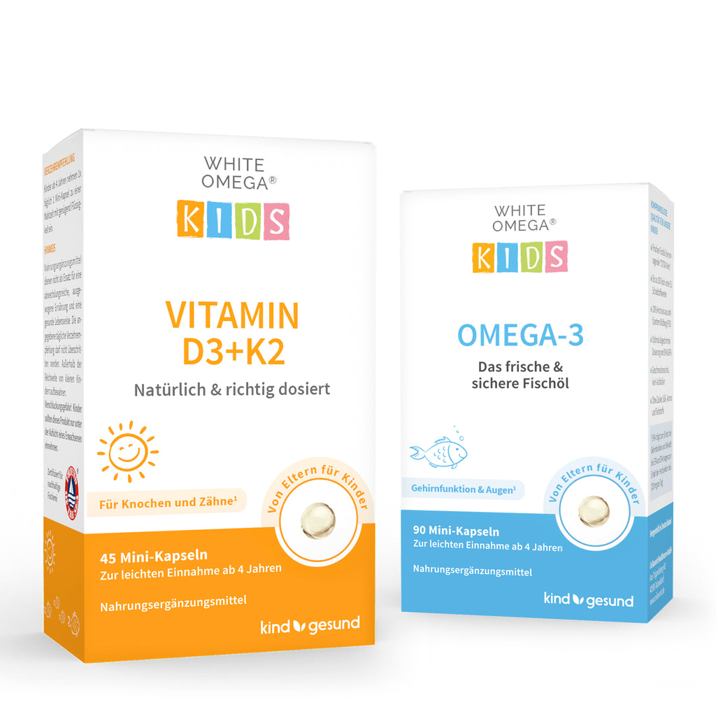Verpackungen White Omega D3+K2 und Omega-3 von kindgesund Vorderseite