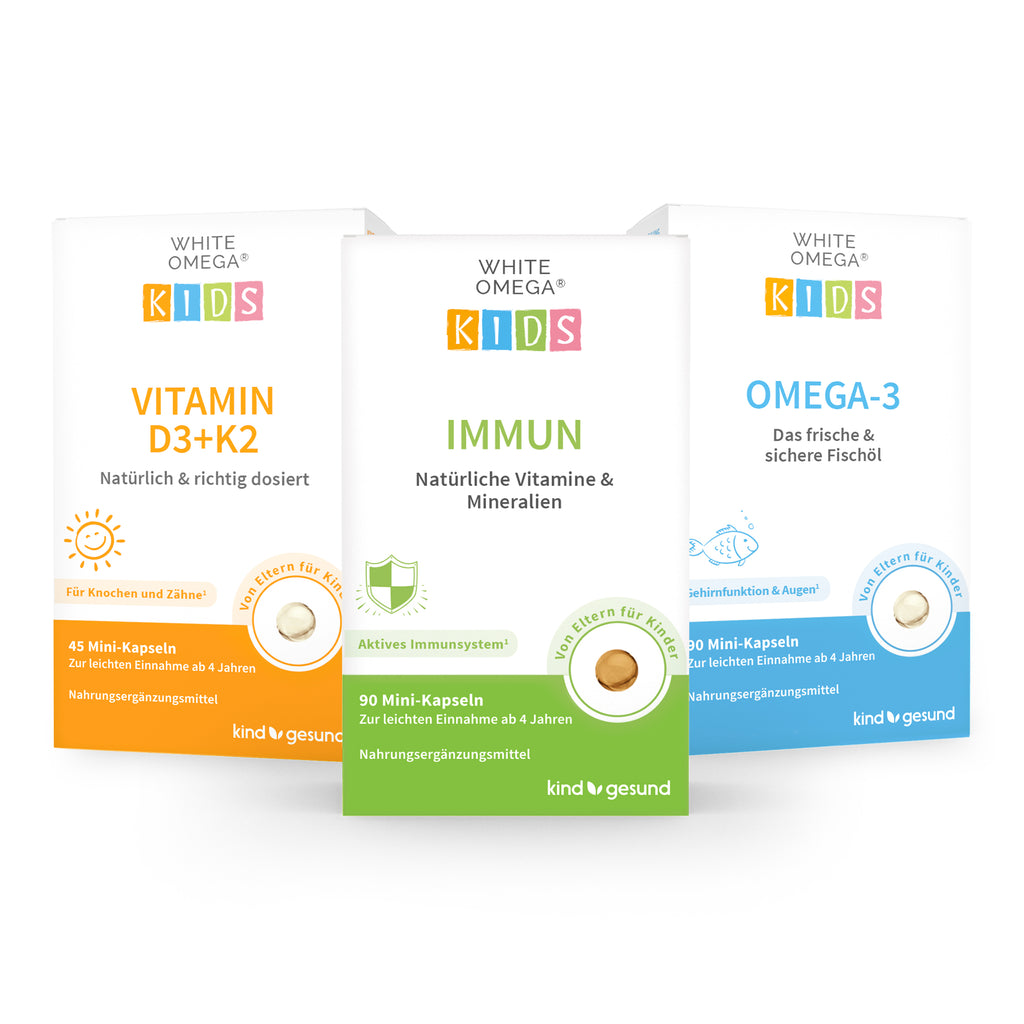 Verpackungen White Omega D3+K2, Immun und Omega-3 von kindgesund Vorderseite