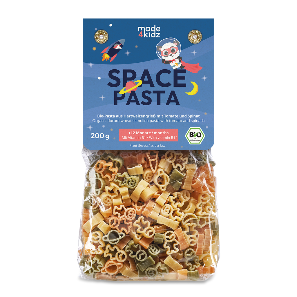 Vorderseite Verpackung Bio Nudeln Space Pasta von made4kidz